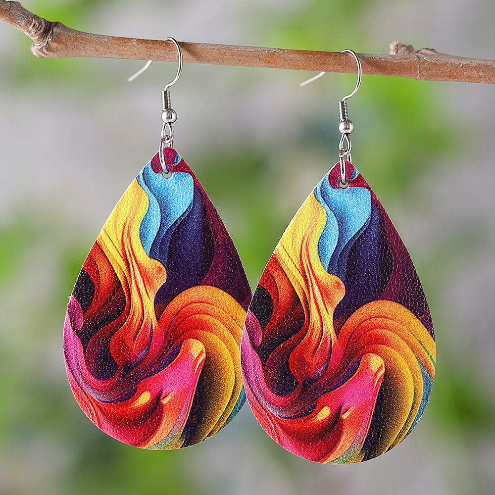 Wholesale mixed color oil painting pattern water drop double sided PU leather women earrings